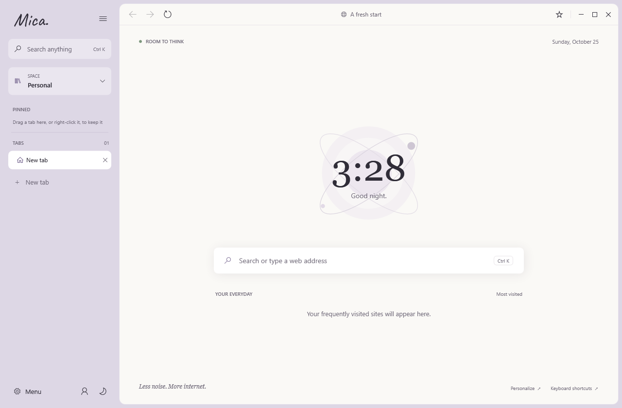 Mica home page with sidebar, clock and search box
